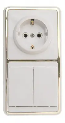 Блок Бэлла БКВР-032 З СУ (2кл.выкл.+роз.с з/к) белый-золото 250В 10А, , шт в интернет-магазине Патент24.рф