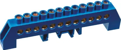 Шина 0 N (6х9) 8 отверстий латунь синий изолятор на DIN-рейку PROxima, , шт в интернет-магазине Патент24.рф