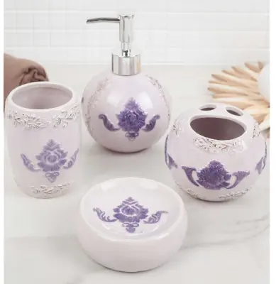 Набор для ванной комнаты 4 предмета Фиолетовые цветы, , набор в интернет-магазине Патент24.рф