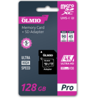 Карта памяти micro SD OLMIO 128GB V30, UHS-I Class 3 (U3), R:90MB/s, W:45MB/s, с адаптером в интернет-магазине Патент24.рф
